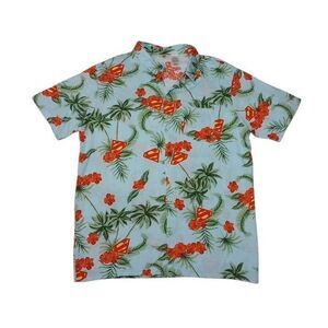 Superman Men's Large Hawaiian Shirt Floral Button Up Light Blue 100% Rayon